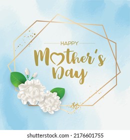 Happy mother's day banner with gold frame and jasmine flowers on blue watercolor background, Vector