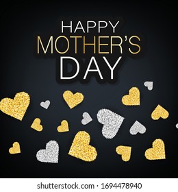 Happy Mothers Day banner. Golden hearts with glitter on black background. Holiday greeting card. Vector illustration.