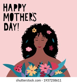 Happy Mothers day banner or greeting card template with beautiful woman holding flowers in cartoon style. Mother's Day typography design in flat style, Vector illustration.