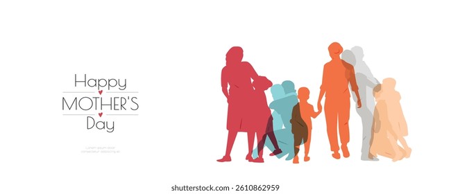 Happy Mother's Day banner. Group of mothers with their children.