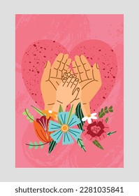 Happy mothers day banner. Hands of parent and child next to colorful flowers. Aesthetics and elegance. Love, support and care. Good family relationships. Cartoon flat vector illustration