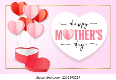 Happy Mothers Day banner with heart gift box and paper hearts. Vector design for Mother's day or sale shopping special offer banner. Best Mom ever greeting card