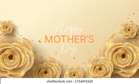 Happy Mother's Day banner. Holiday greeting card with realistic 3d gentle flowers with golden sand. Vector illustration with paper roses and gold confetti.