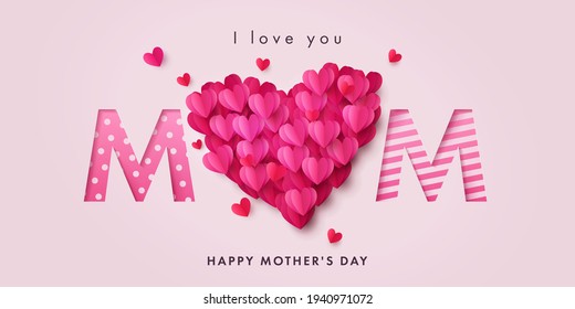 Happy Mothers Day banner. Holiday background with big heart made of pink and red Origami Hearts on soft pink background with paper cut Mom text. Design for fashion ads, poster, flyer, card, website