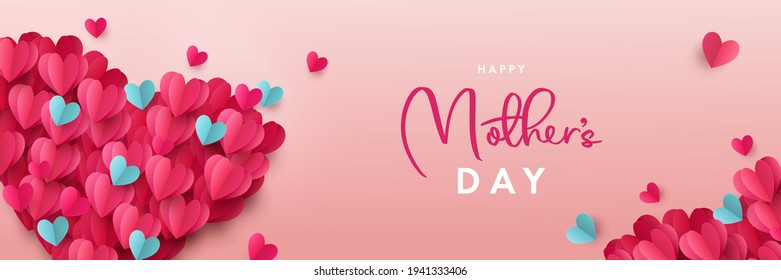 Happy Mothers Day banner. Holiday background design with big heart made of pink, red and blue Origami Hearts on soft pink background. Horizontal poster, flyer, greeting card, header for website