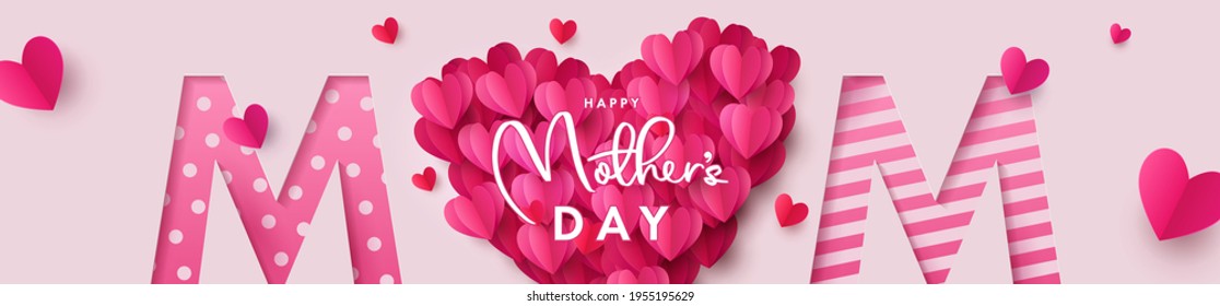 Happy Mothers Day banner. Holiday background with big heart made of pink and red Origami Hearts on soft pink background with paper cut Mom text. Design for fashion ads, poster,  header for website