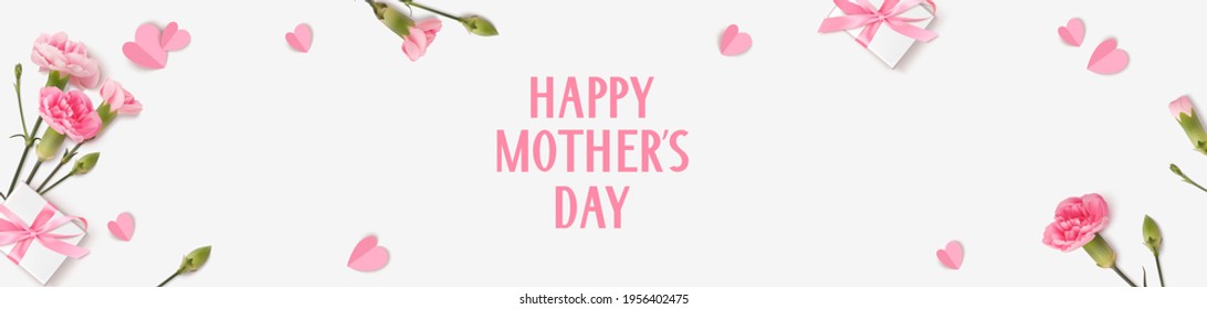 Happy Mothers day banner. Holiday design template with realistic pink carnation flowers, gift boxes and paper hearts on white background. Vector stock illustration.