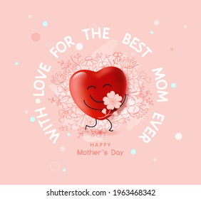 Happy Mothers Day banner. Holiday background design - 3d cartoon heart holding a flower on soft pink background. With love for the best MOM ever. Square poster, flyer, greeting card, website header 