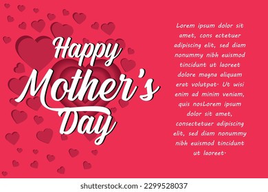 Happy Mothers Day banner. Holiday background with many heart made of red Origami Hearts on soft red background. Modern design for poster, flyer, greeting card, header for website