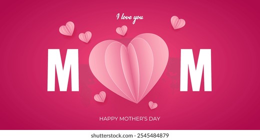 Happy Mothers Day banner. Holiday background with big heart made of pink Origami Hearts on gradient pink background with Mom text. Design for fashion ads, poster, flyer, card, website