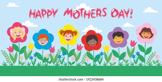 Happy mother's day banner with kids faces inside the flowers. Vector illustration, cartoon characters, concept, flayer, invitation, greeting card template