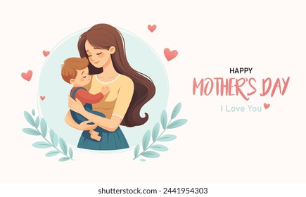 Happy mother's day banner. Mother holding a ciddling in her hands.