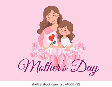 Happy mother's day banner. Mother holding a ciddling in her hands. 8 March card. Symbols of love in shape of heart for greeting card design. Heart. Abstract love symbol templates.Vector illustration