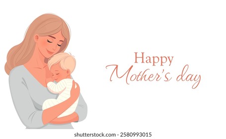 Happy mother's day banner. Mother holding a ciddling in her hands. Isolated on white background, minimalism.