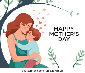 Happy mother's day banner. Mother Gently Cradling Her Child. Mother's day, Mother's day greeting card. Minimalist style illustration. Mom and baby vector.