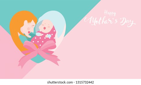 Happy mother's day banner. Mum laughing, smiling, holding and hugging her baby with forming of heart shape or love symbol. Colorful vector illustration flat design style. Copy space for text. - vector