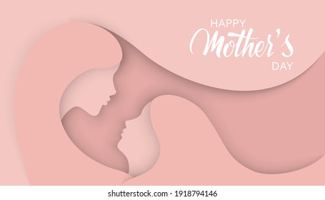 Happy Mothers Day banner. Paper art background with Mother silhouette and her child. Vector illustration with beautiful woman and girl in paper cut and craft style. Greeting card, brochure design