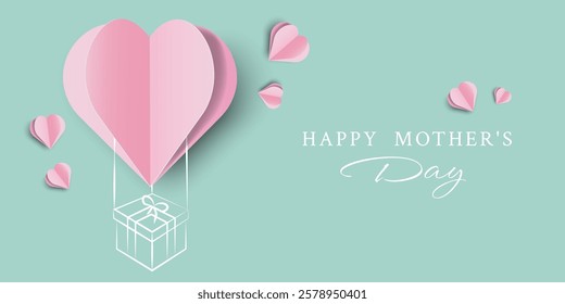 Happy Mothers Day Banner with Paper Cut Heart, Doodle Element and Modern Text. Happy Valentines Day Background in Origami Style. Vector Illustration Minimalistic Greeting Card Happy Women's Day.