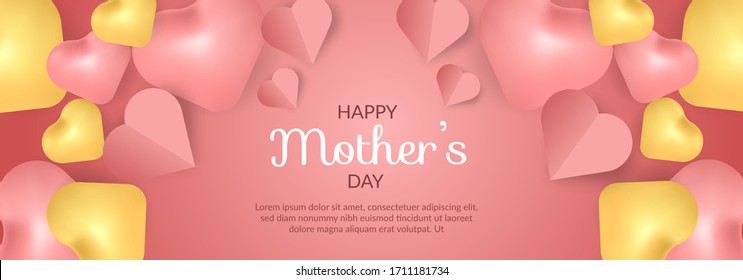 happy mother's day banner with pink love ballon and paper on pink background