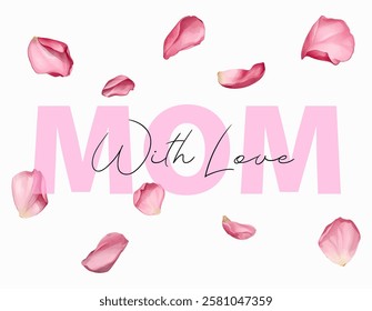 Happy Mother's Day banner with pink flower petals. With love mom. Flower petals flying in the air. Spring greeting illustration for Mother's Day. Vector illustration.