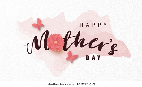 Happy mother's day banner or poster calligraphy with flower and butterfly on white in paper cut style.