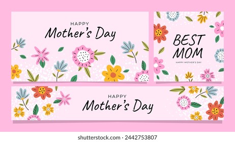 Happy Mothers Day Banner Set. Set von niedlichen und bunten Vektorillustrationen. Feier zum Muttertag. Designvorlagen für die Website.