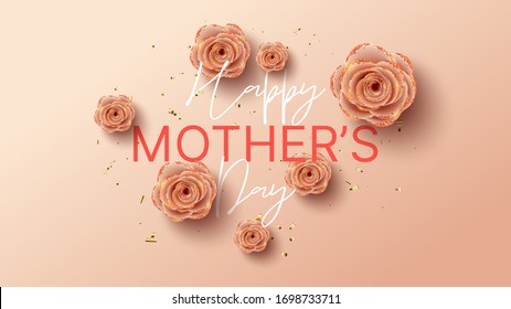 Happy Mother's Day banner template. Holiday greeting card with realistic 3d gentle flowers with golden sand. Vector illustration with paper pink roses and gold confetti.