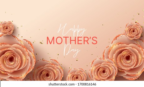 Happy Mother's Day banner template. Holiday greeting card with realistic 3d gentle flowers with golden sand. Vector illustration with paper pink roses and gold confetti.