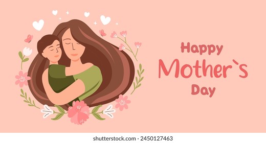 Feliz Día de la Madre Plantilla de Anuncio. Madre con hijo, flores de primavera. Tarjeta de felicitación en color Vector.