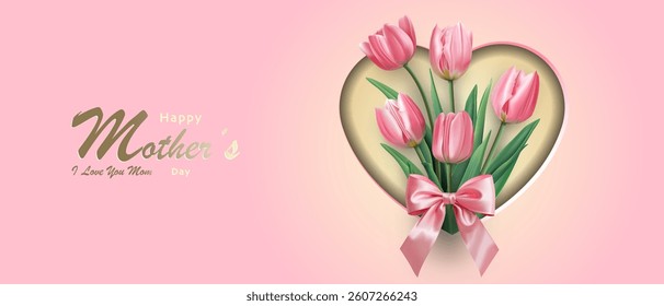 Happy mother's day banner template with realistic tulip flowers on pink background. Vector illustration of beautiful flowers and typography design. Perfect for cover design, banner and invitations.