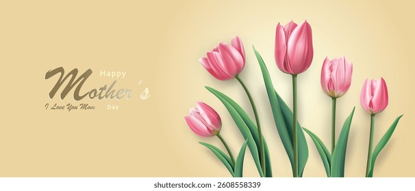 Happy mother's day banner template with elegant tulip flowers on yellow background. Vector illustration of beautiful flowers and typography design. Perfect for cover design, banner and invitations.