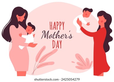 Happy Mother's Day banner. Two different mothers with their children, happy. Modern hand drawn vector in flat style. Happy Mother's Day text. Motherhood