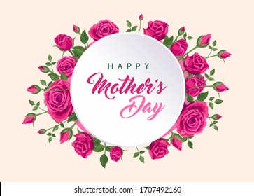 Happy mother's day banner. Vector greeting card for social media, online stores, poster, flyer. Handwritten text of happy mother's day. A vignette of beautiful pink roses, leaves and flower buds