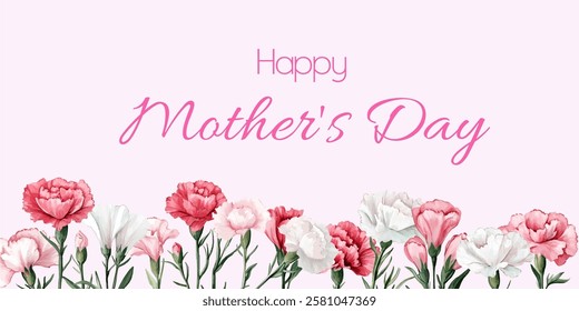 Happy Mother's Day banner with watercolor flowers. Watercolor pink and white carnations with green stem and leaves. Romantic branch banner for Mother's Day. Vector illustration.