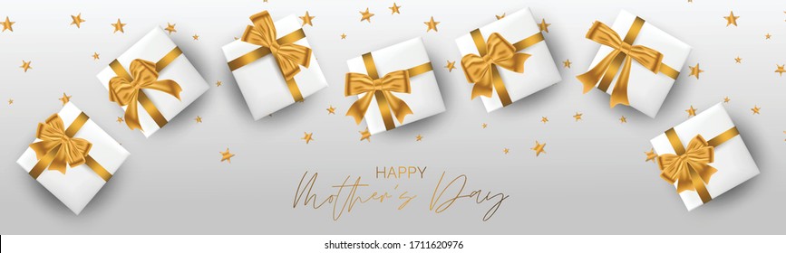 Happy Mother's Day banner or website long header. A set of white gift boxes with golden bows. Realistic vector illustration.