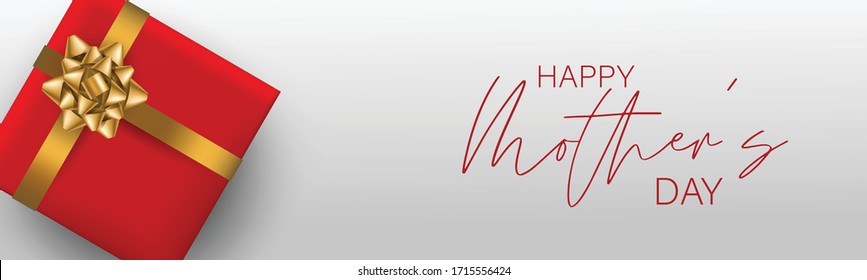 Happy Mother's Day banner or website long header. Red gift box with golden bow. Realistic vector illustration.