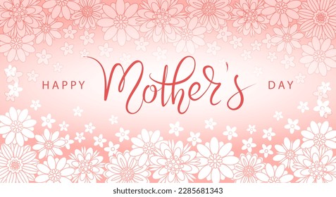 Happy Mother's Day banner with white decorative flowers and elegant hand written lettering. Modern calligraphy on pink background. Vector design template for greeting card, poster, wallpaper. 