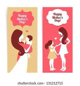 Happy Mother's Day. Banners of beautiful silhouette of mother and baby in vintage style