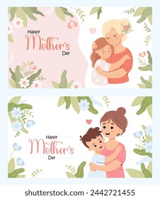 Pancartas del Feliz Día de la Madre. Mujer linda tiernamente abrazando a su hija e hijo en el fondo blanco con flores. Afiches festivos aislados horizontales. Ilustración vectorial en estilo plano de dibujos animados.