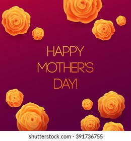 Happy Mothers Day Beautiful Blooming Yellow Rose Flowers on Purple Background. Greeting Card