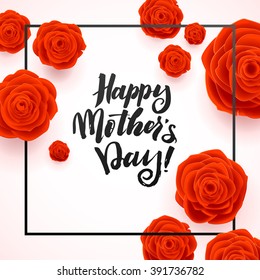 Happy Mothers Day Beautiful Blooming Red Rose Flowers on White Background. Greeting Card