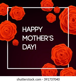 Happy Mothers Day Beautiful Blooming Red Rose Flowers on Dark Background. Greeting Card