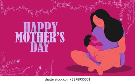 Happy Mother's Day with beautiful Carnation flowers and leaf line art banner design vector illustration.