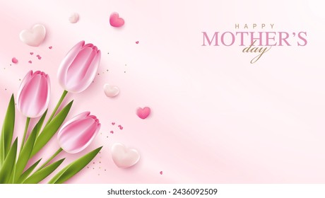 Happy Mother's Day with beautiful flowers tulips and hearts on pink background. illustration for greeting card, ad, promotion, poster, flier, blog, article, social media, marketing. vector design.