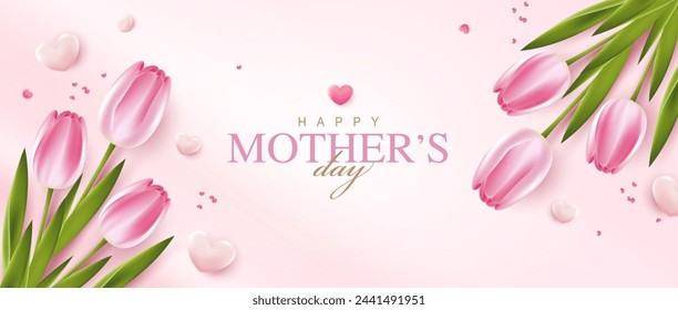 Happy Mother's Day with beautiful flowers tulips and hearts on pink background. illustration for greeting card, ad, promotion, poster, flier, blog, article, social media, marketing. vector design.