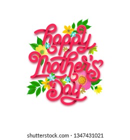 Happy Mothers Day beautiful greeting card. Bright vector illustration with colorful trend floral pattern and mothers day lettering. Traditional folk flowers bouquet.