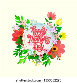 Happy Mothers Day beautiful greeting card. Bright vector illustration with colorful trend floral pattern and mothers day lettering. Traditional folk flowers bouquet.