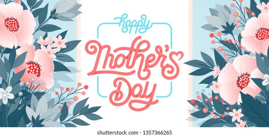 Happy Mothers Day beautiful greeting card. Bright vector illustration with colorful trend floral pattern and mothers day lettering. Traditional folk flowers bouquet.