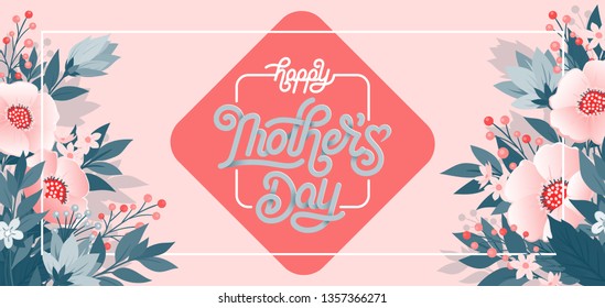 Happy Mothers Day beautiful greeting card. Bright vector illustration with colorful trend floral pattern and mothers day lettering. Traditional folk flowers bouquet.