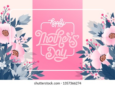 Happy Mothers Day beautiful greeting card. Bright vector illustration with colorful trend floral pattern and mothers day lettering. Traditional folk flowers bouquet.